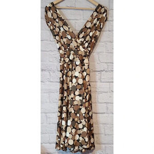 Roulette Dress Women's Size Large A-Line V-Neck Plunge Circles Beige White Mocha